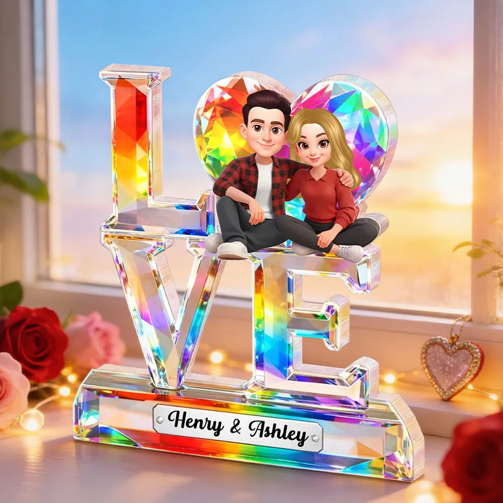 Personalized Shaped Acrylic Block Plaque LOVE with Heart & Cute Couple Sitting - Unique Valentine's Gift for Him or Her - Image 7