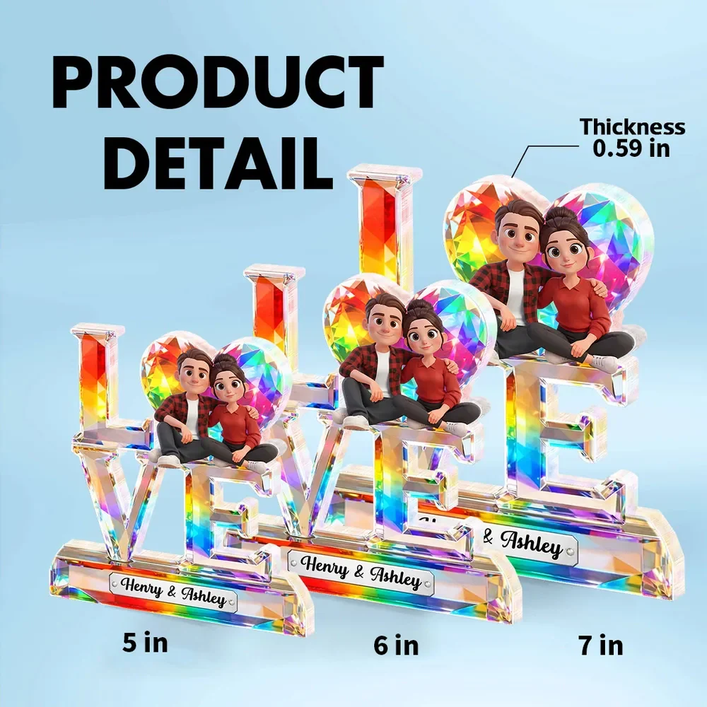 Personalized LOVE Shaped Acrylic Block Plaque With Cozy Sitting Couple, Rainbow Crystal Look Decor, Unique Gift For Her Or Him - Image 4