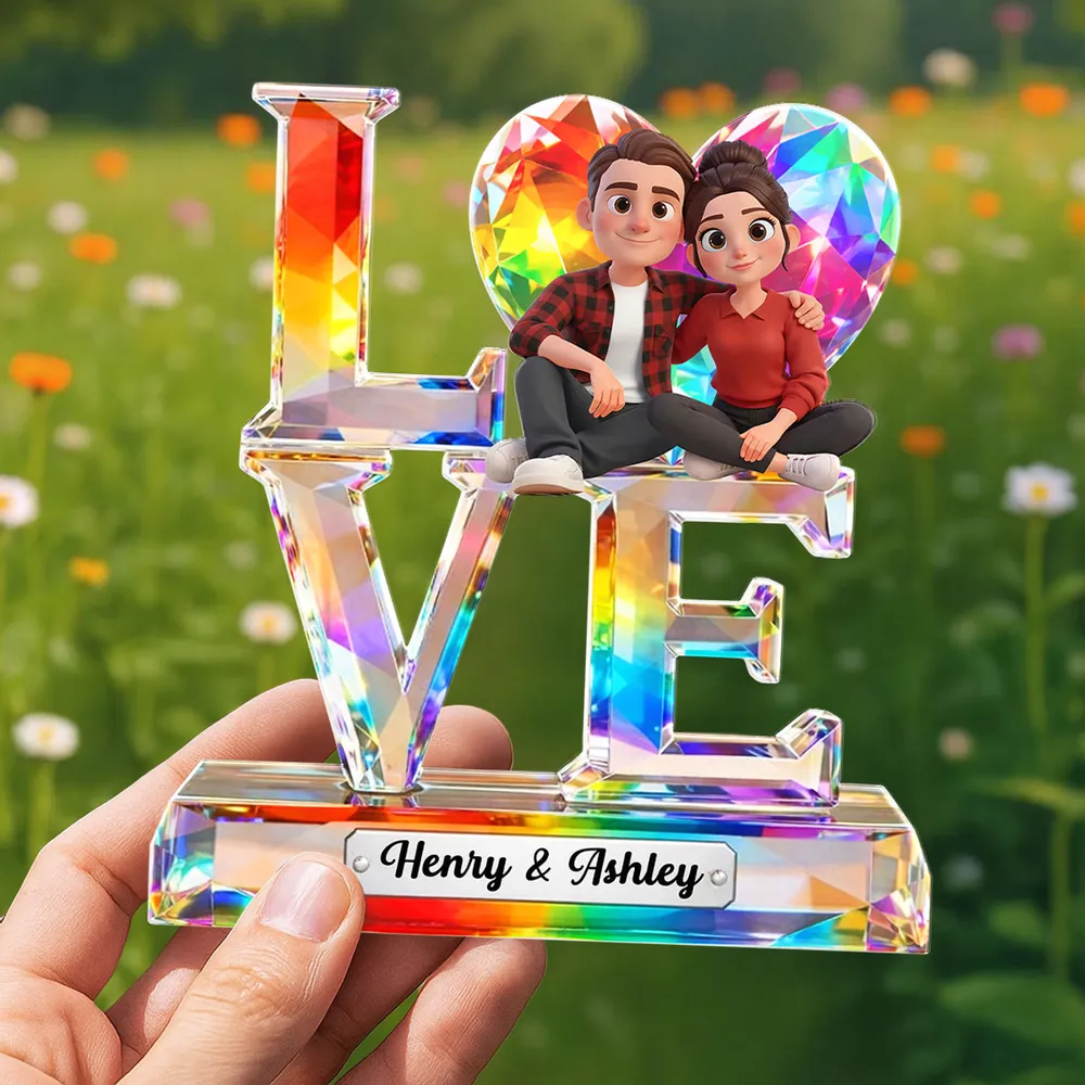 Personalized LOVE Shaped Acrylic Block Plaque With Cozy Sitting Couple, Rainbow Crystal Look Decor, Unique Gift For Her Or Him - Image 6