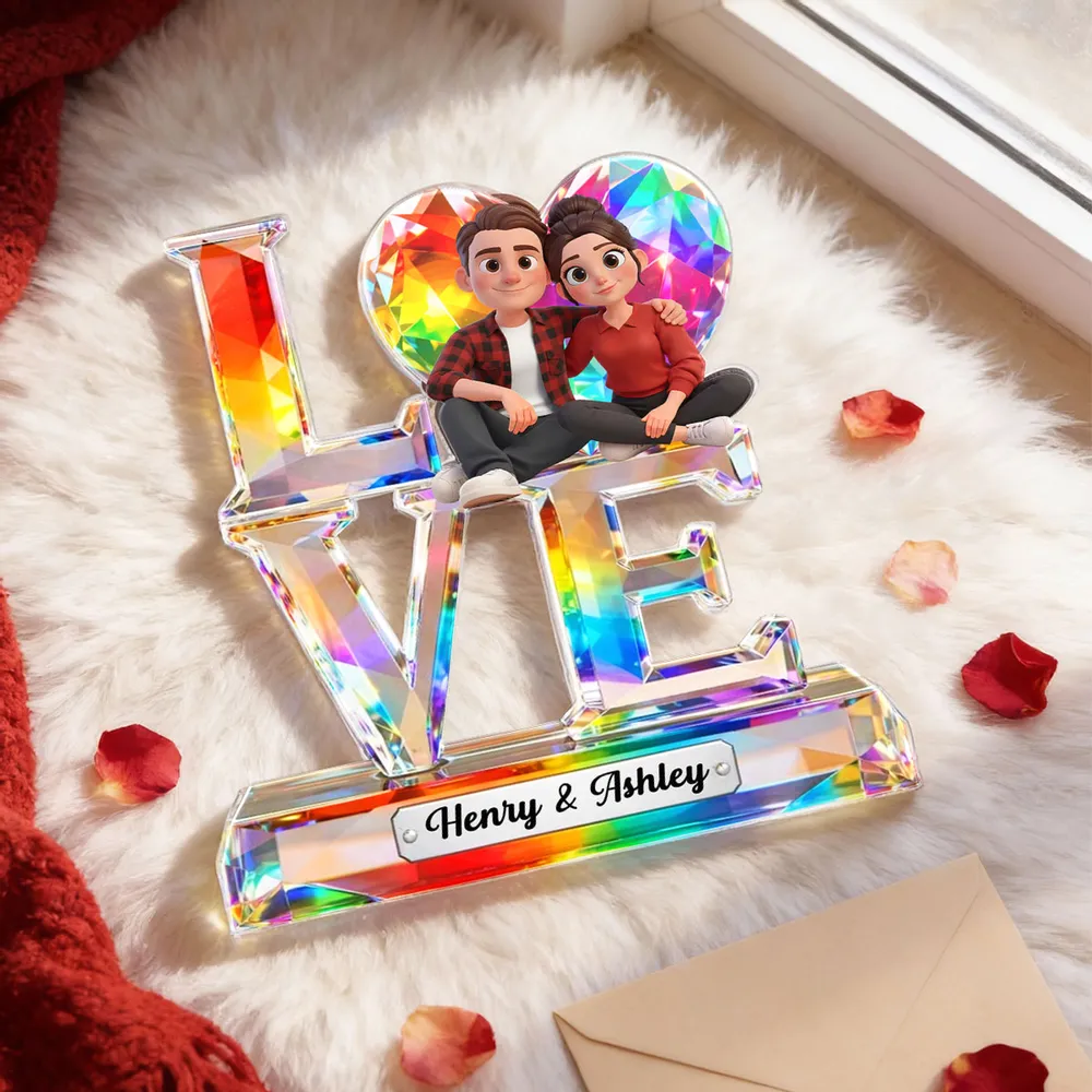 Personalized LOVE Shaped Acrylic Block Plaque With Cozy Sitting Couple, Rainbow Crystal Look Decor, Unique Gift For Her Or Him - Image 8