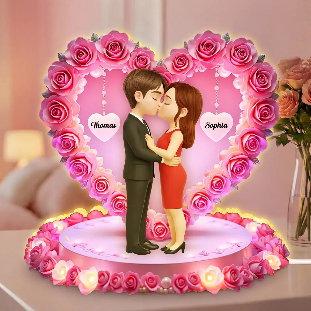 Personalized Acrylic Light Box Kissing Couple in Rose Heart Night Light for Bedroom Warm Glow Unique Gift for Her or Him