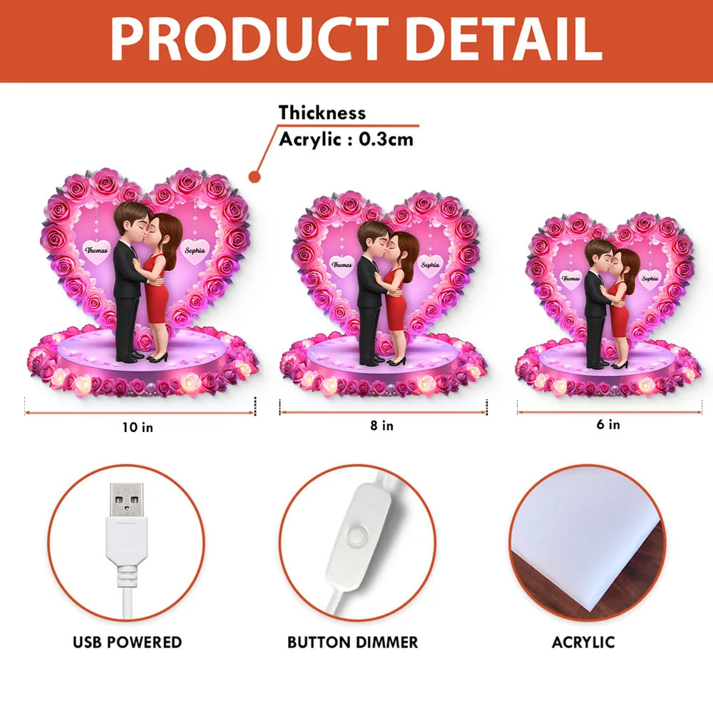 Personalized Acrylic Light Box Kissing Couple in Rose Heart Night Light for Bedroom Warm Glow Unique Gift for Her or Him - Image 4