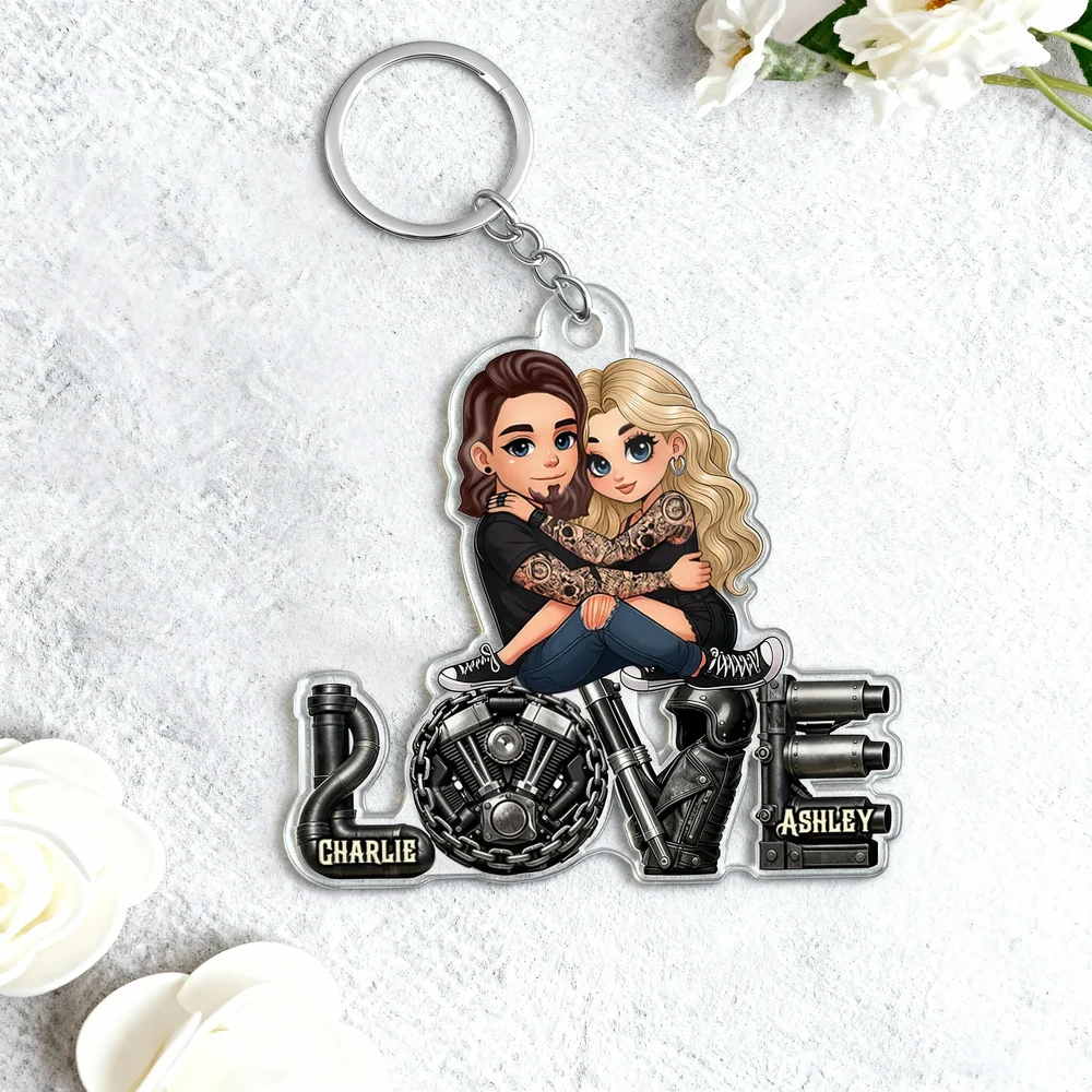 Personalized Biker Couple Acrylic Keychain Cute Cartoon Hugging Riders Cool Accessory Unique Gift for Him or Her