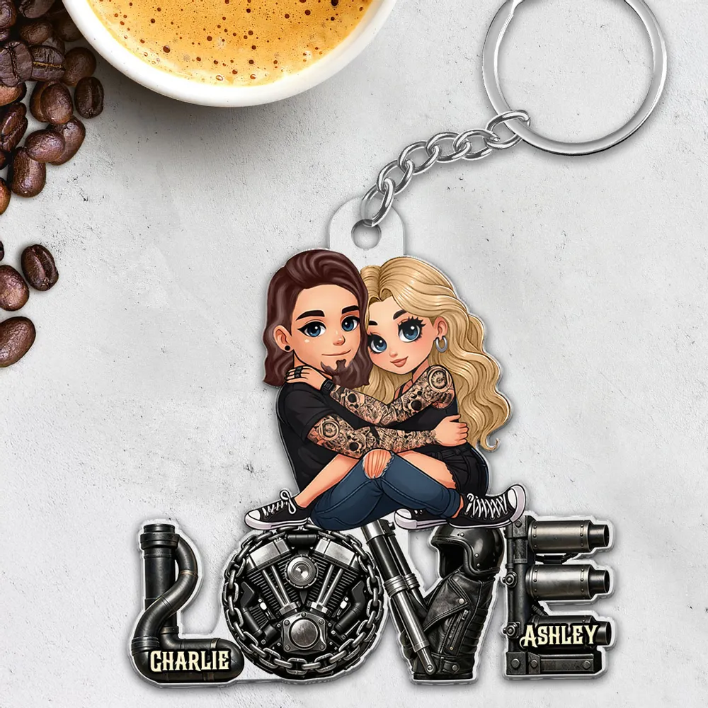 Personalized Biker Couple Acrylic Keychain Cute Cartoon Hugging Riders Cool Accessory Unique Gift for Him or Her - Image 6