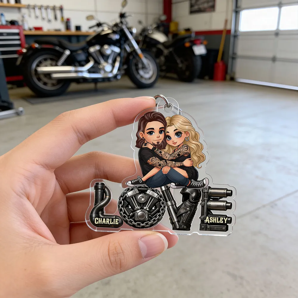 Personalized Biker Couple Acrylic Keychain Cute Cartoon Hugging Riders Cool Accessory Unique Gift for Him or Her - Image 7