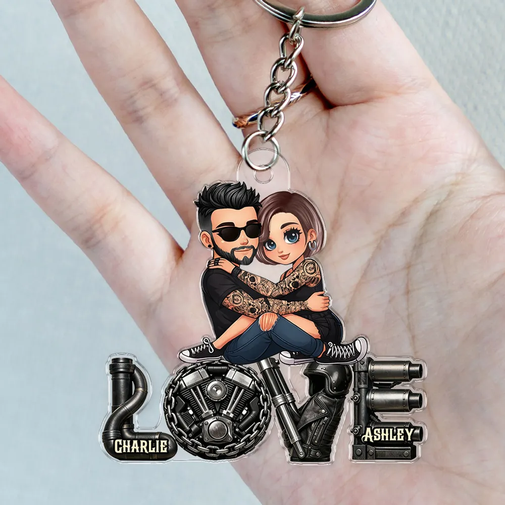 Personalized Biker Couple Acrylic Keychain Cute Cartoon Hugging Riders Cool Accessory Unique Gift for Him or Her - Image 9