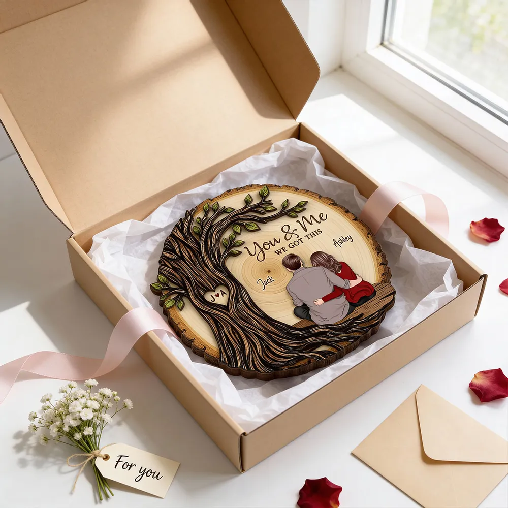 Personalized 2-Layer Wooden Plaque, Couple Sitting Back View Under Heart Tree, Unique Romantic Gift for Your & Me Moments - Image 8