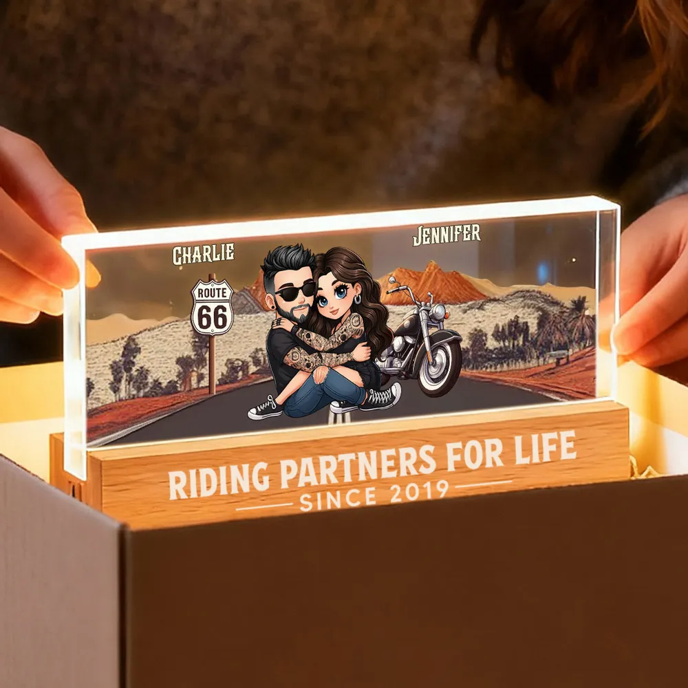 Personalized Block LED Light Plaque for Biker Couple Hugging by Route 66 Sunset Unique Romantic Gift for Him or Her - Image 10