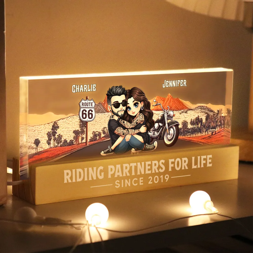 Personalized Block LED Light Plaque for Biker Couple Hugging by Route 66 Sunset Unique Romantic Gift for Him or Her - Image 2