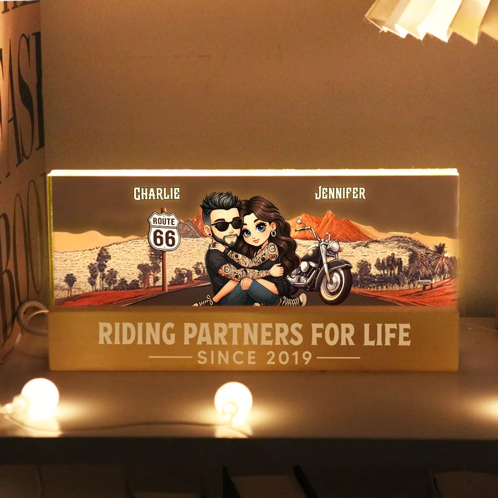 Personalized Block LED Light Plaque for Biker Couple Hugging by Route 66 Sunset Unique Romantic Gift for Him or Her - Image 6