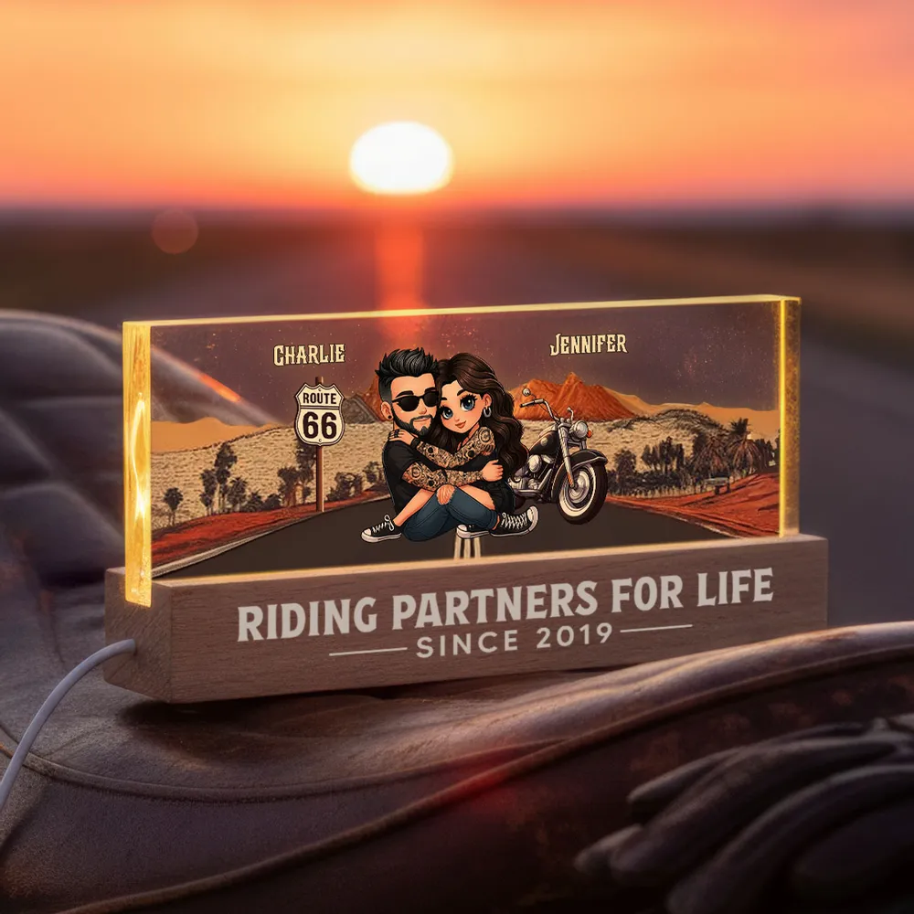 Personalized Block LED Light Plaque for Biker Couple Hugging by Route 66 Sunset Unique Romantic Gift for Him or Her - Image 7