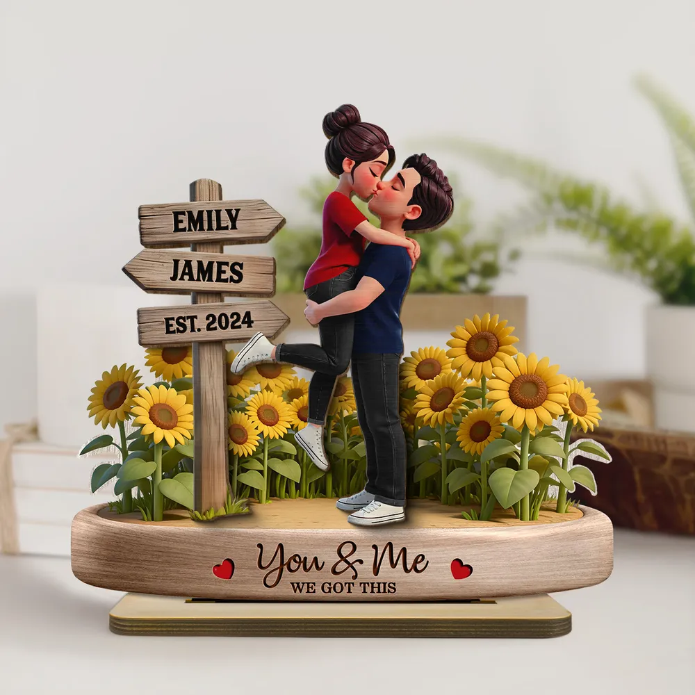 Personalized 2-Layer Wooden Plaque Couple Hugging Kiss in Sunflowers You & Me We Got This Unique Gift for Wife or Husband - Image 2