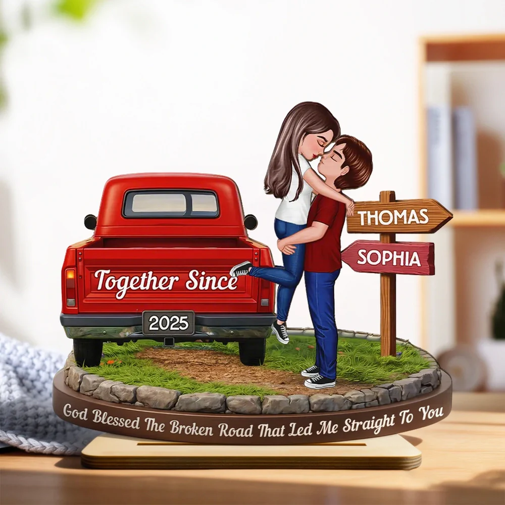Personalized 2-Layer Wooden Plaque with Kissing Couple by Red Truck Together Since for a Unique Romantic Gift