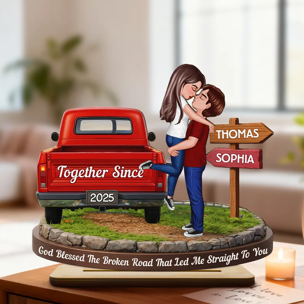 Personalized 2-Layer Wooden Plaque with Kissing Couple by Red Truck Together Since for a Unique Romantic Gift - Image 10