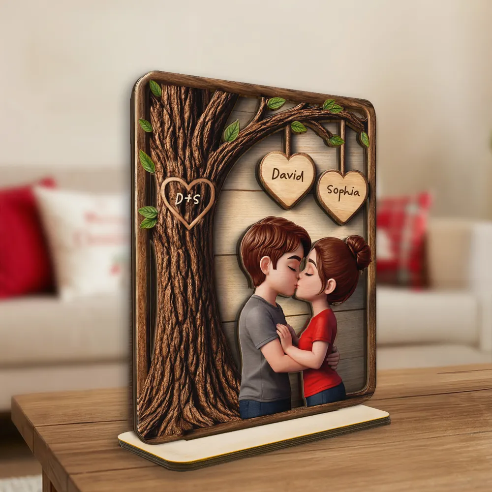 Personalized 2-Layer Wooden Plaque with Kissing Couple Under Tree for Desk or Shelf, Romantic Unique Gift for Her or Him - Image 6