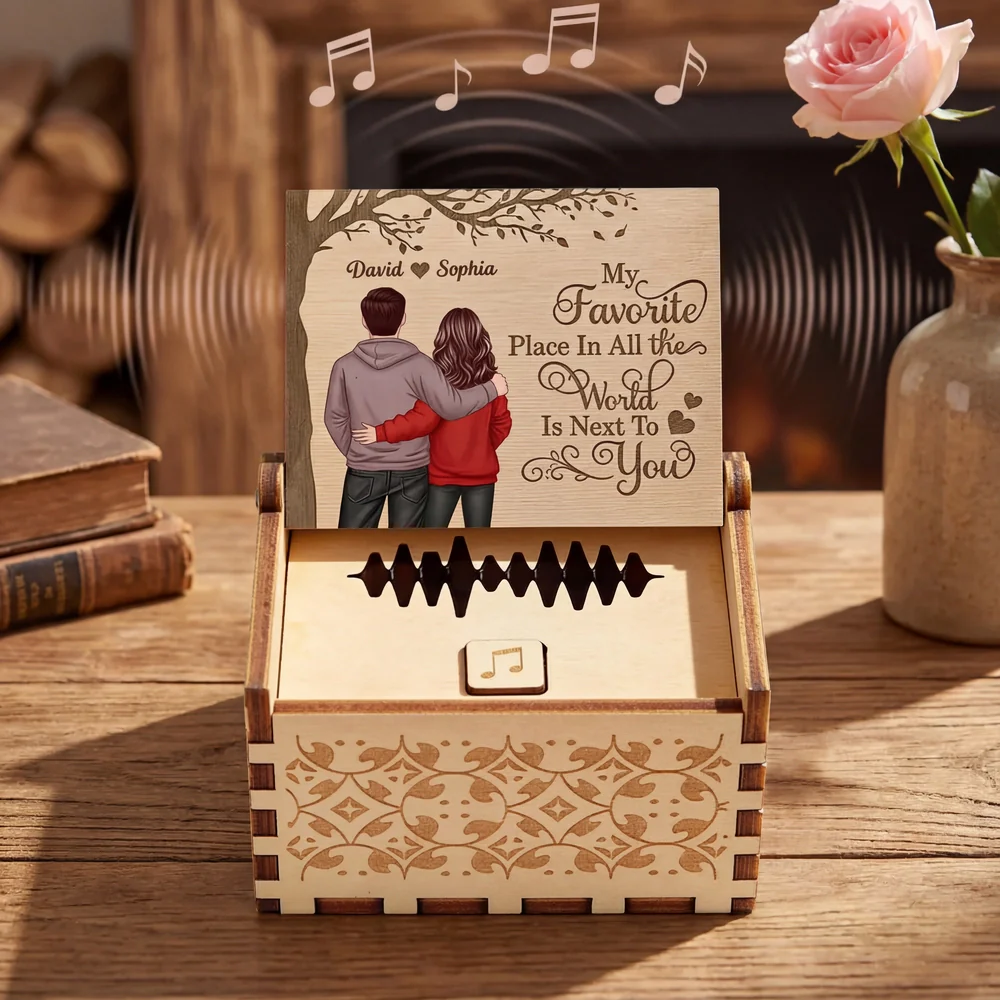 Personalized Wooden Music Box with Couple Hugging Back View Romantic Keepsake Decor A Unique Gift for Him or Her