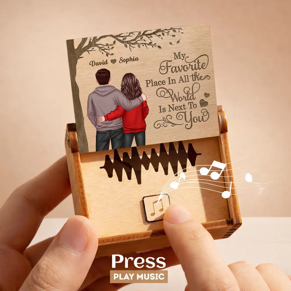 Personalized Wooden Music Box with Couple Hugging Back View Romantic Keepsake Decor A Unique Gift for Him or Her - Image 2