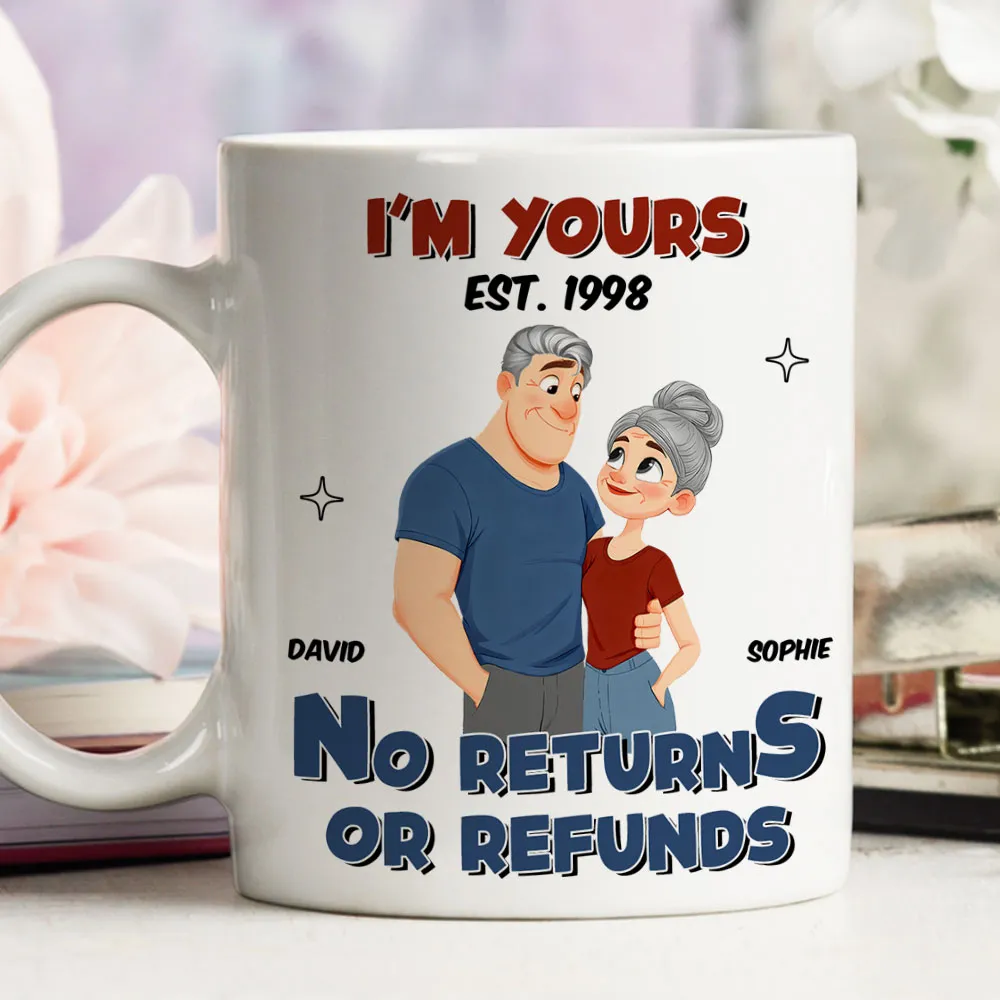 White Ceramic Mug Personalized with Cartoon Couple Hug, Playful No Returns or Refunds Design, Cute Gift for Couples - Image 2