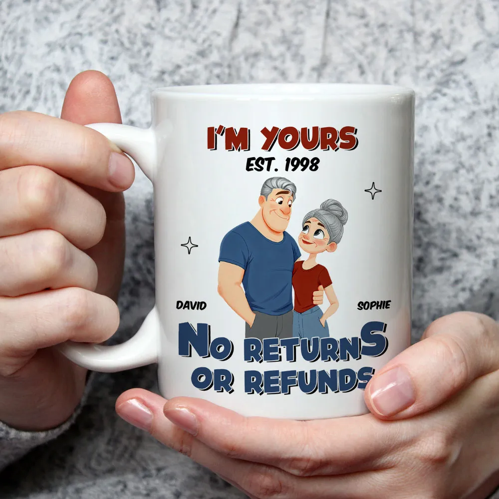 White Ceramic Mug Personalized with Cartoon Couple Hug, Playful No Returns or Refunds Design, Cute Gift for Couples - Image 5