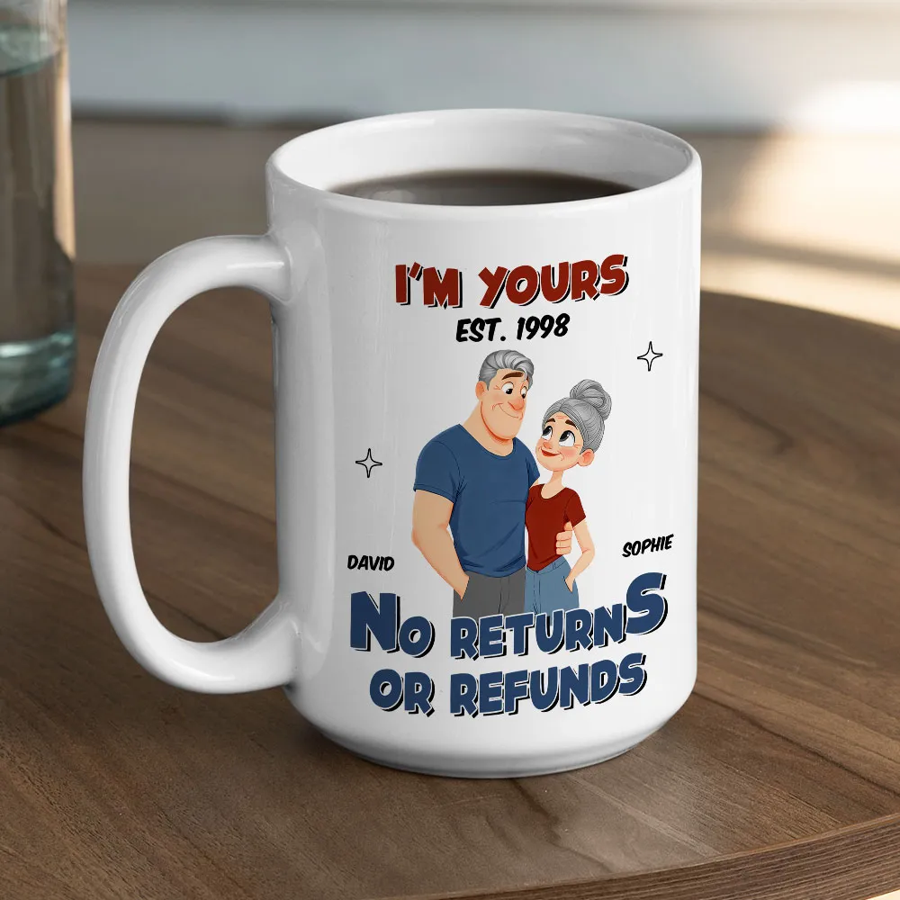 White Ceramic Mug Personalized with Cartoon Couple Hug, Playful No Returns or Refunds Design, Cute Gift for Couples - Image 7