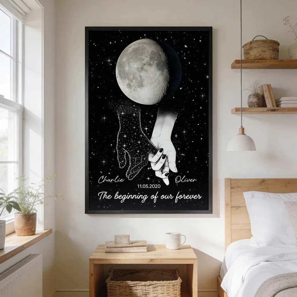 Personalized Moon Phase Couple Holding Hands Poster, Starry Night Wall Art, Unique Romantic Gift for Couple - Image 2