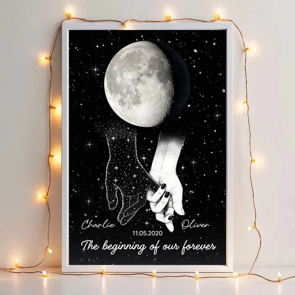 Personalized Moon Phase Couple Holding Hands Poster, Starry Night Wall Art, Unique Romantic Gift for Couple - Image 5