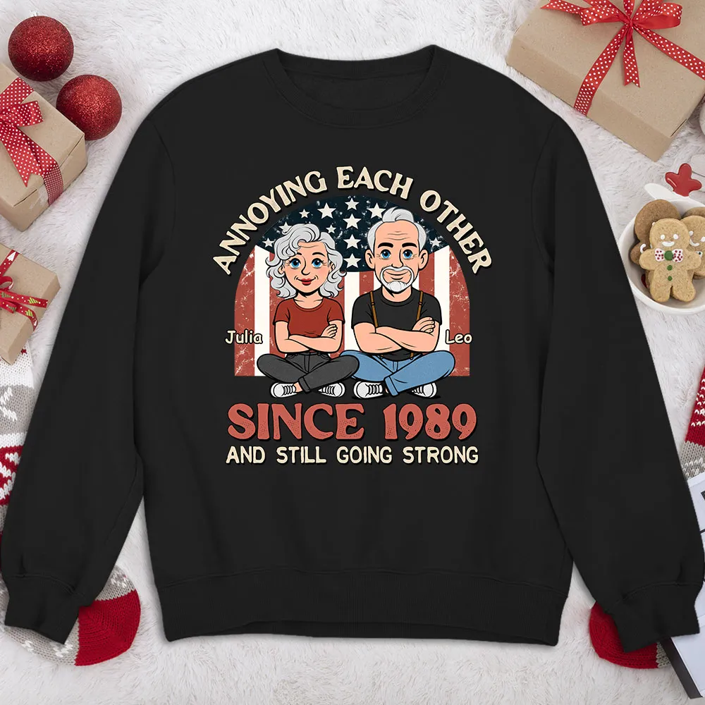 Personalized Classic Tee With Funny Couple Cartoon and USA Flag Backdrop - Unique Anniversary Gift - Image 3