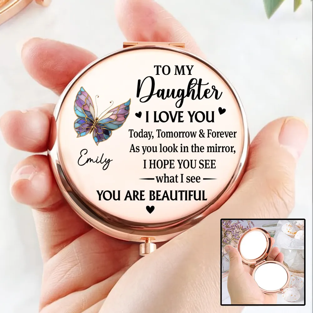 Personalized Metal Compact Mirror for Daughter, Butterfly Love Quote, Everyday Purse Keepsake, Unique Gift - Image 2