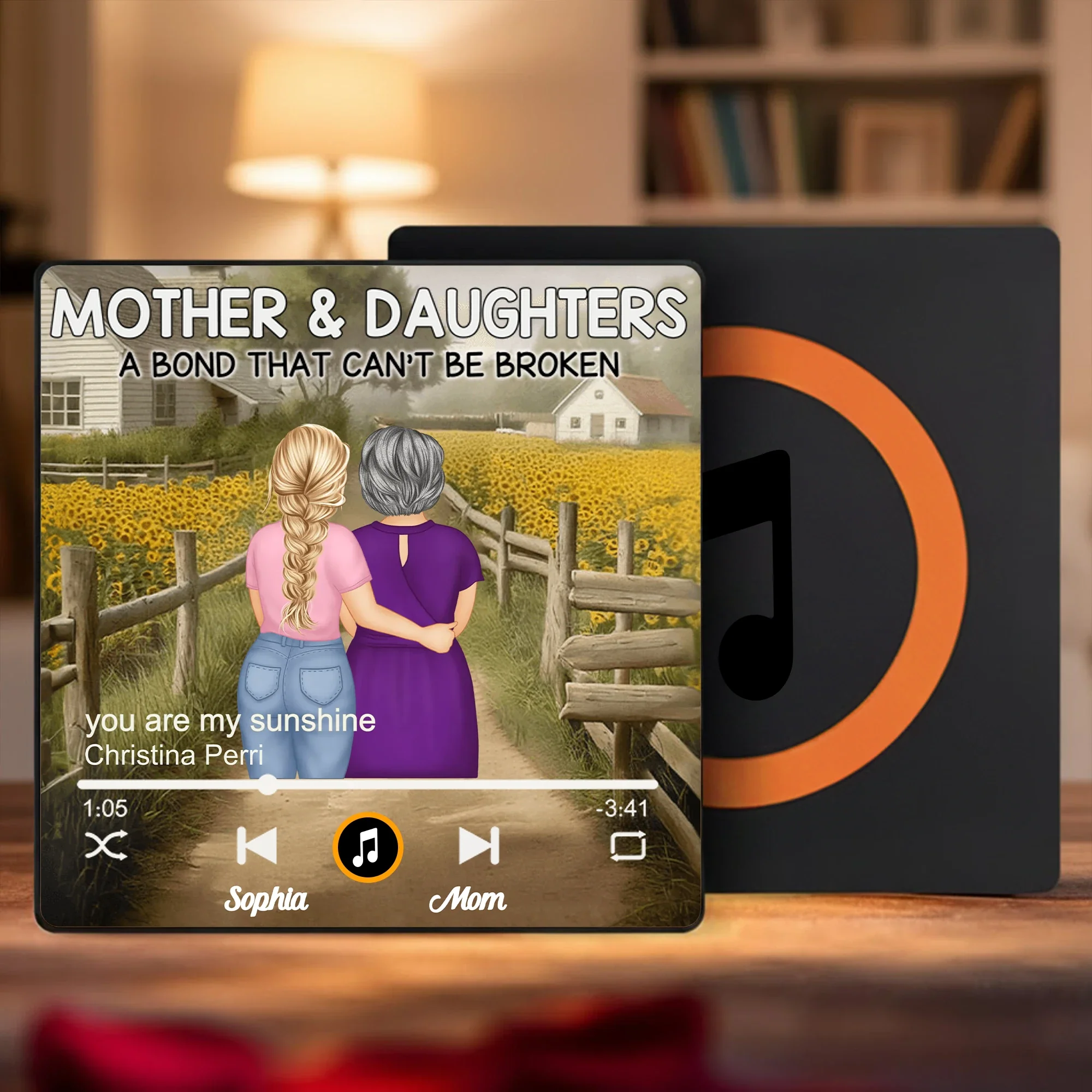 Personalized Acrylic Music Magnet Mother & Daughters Sunflower Field Scene Unique Gift for Mom - A Bond That Can't Be Broken