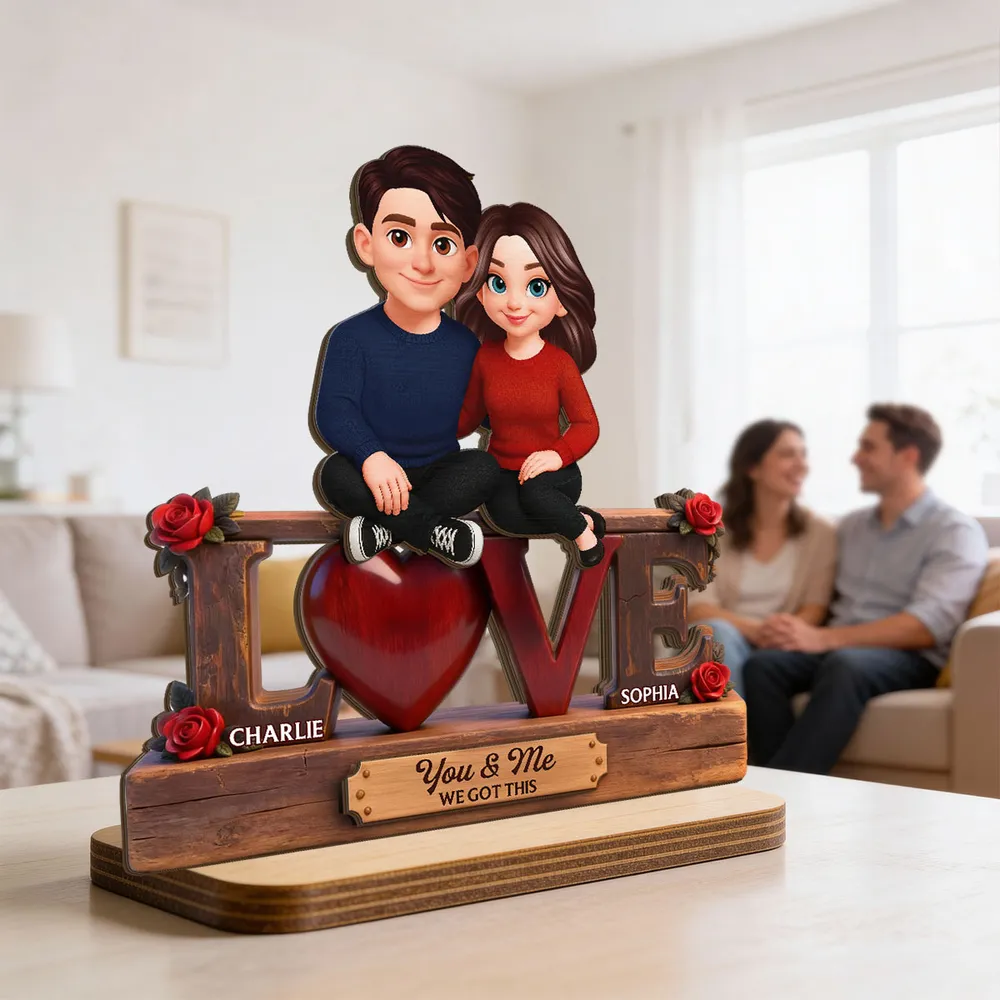 2-Layer Wooden Plaque with Cute Couple on LOVE Sign and Red Heart, Personalized Keepsake for Your Favorite Person - Image 2