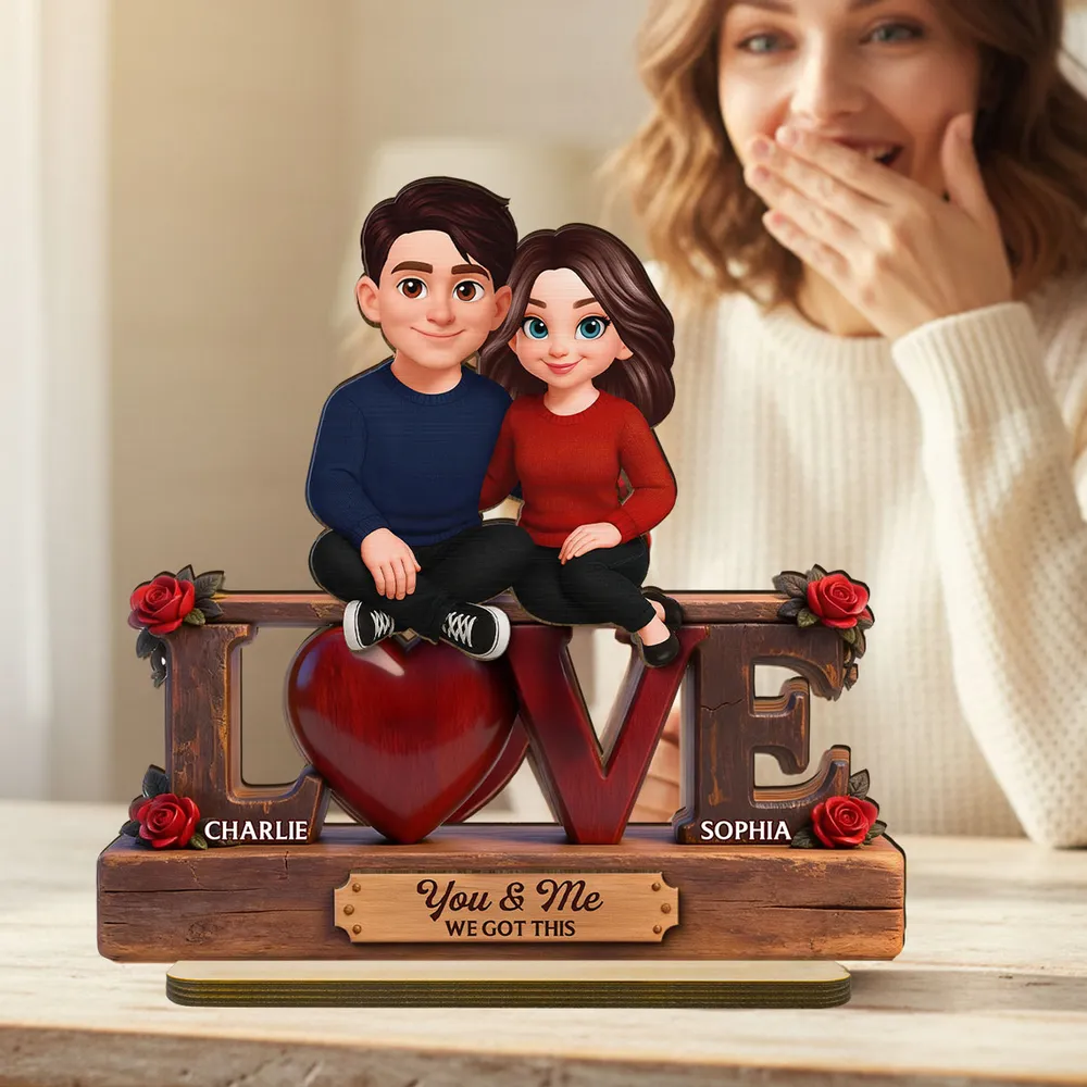 2-Layer Wooden Plaque with Cute Couple on LOVE Sign and Red Heart, Personalized Keepsake for Your Favorite Person - Image 3