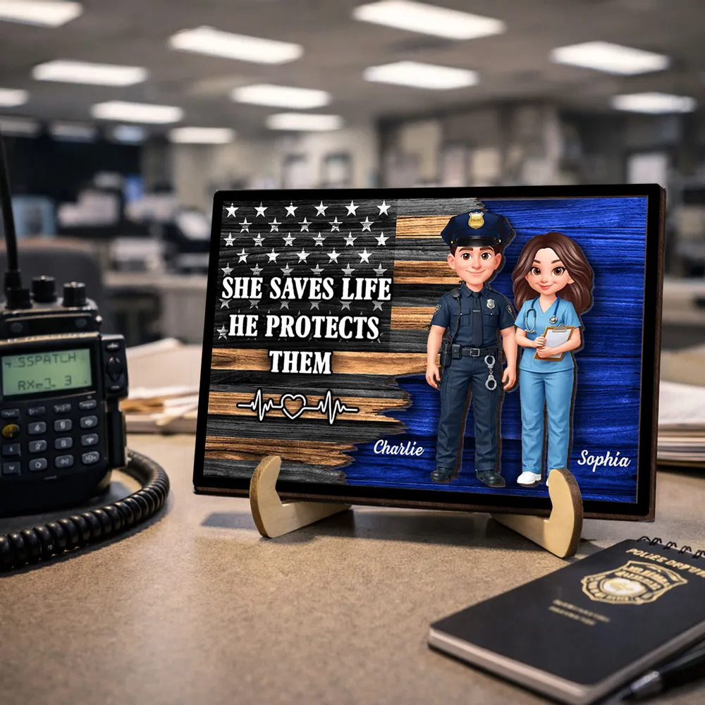 Personalized 2-Layer Wooden Plaque with Cute Cartoon Police Officer & Nurse on Thin Blue Line Flag - Unique Gift for Couples - Image 2