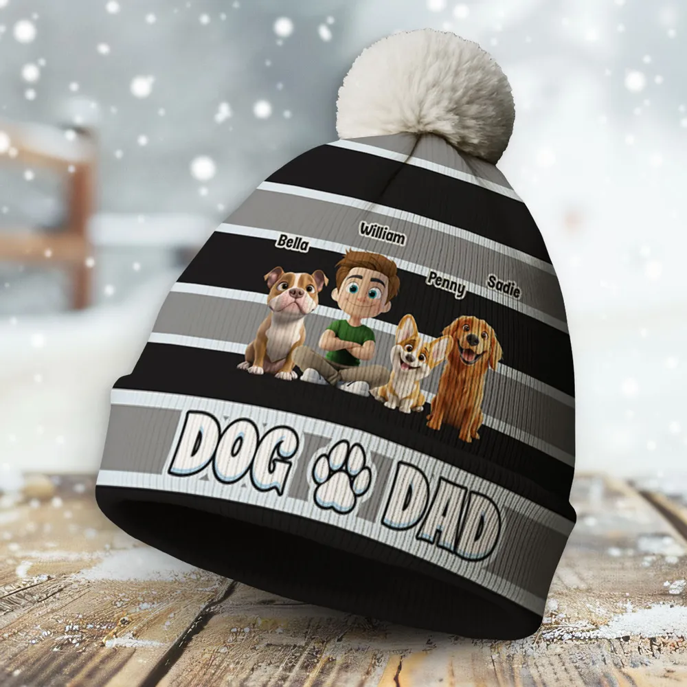 Personalized Dog Dad Bobble Beanie Hat With Custom Cartoon Pet & Owner - Cozy Winter Gift for Dog Lovers - Image 2