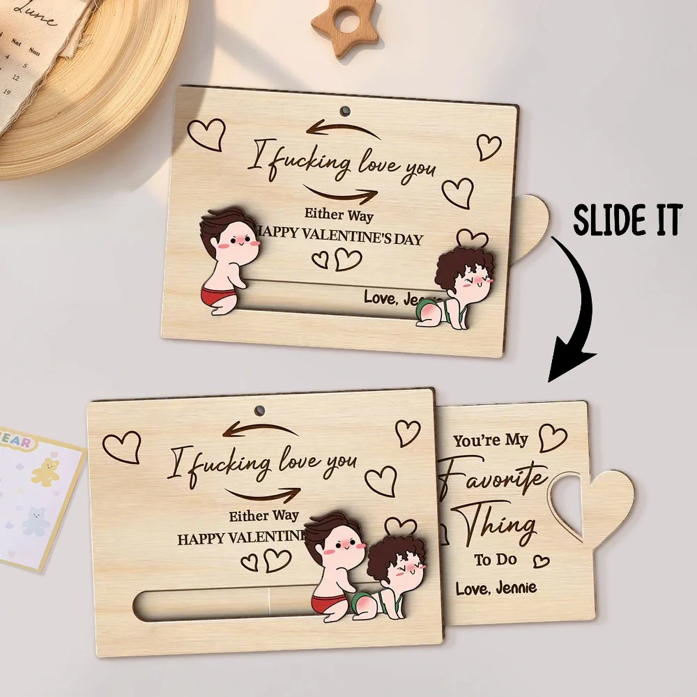 Wooden Sliding Ornament Personalized for Couples, Cute Inappropriate Love Quote Gift for Him or Her on Valentine's Day
