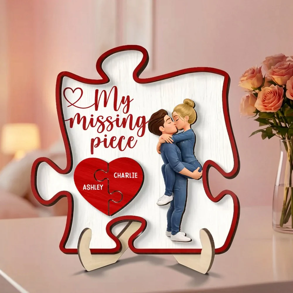 2-Layer Wooden Plaque My Missing Piece with Kissing Couple and Heart Puzzle - Personalized Sweet Gift for Couples