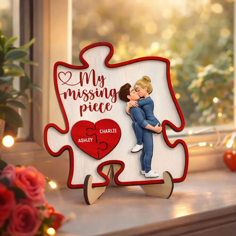 2-Layer Wooden Plaque My Missing Piece with Kissing Couple and Heart Puzzle - Personalized Sweet Gift for Couples - Image 2