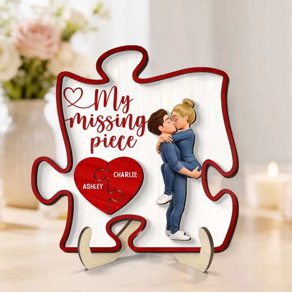 2-Layer Wooden Plaque My Missing Piece with Kissing Couple and Heart Puzzle - Personalized Sweet Gift for Couples - Image 4