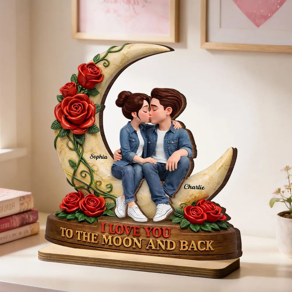 Personalized 2-Layer Wooden Plaque Kissing Couple on Crescent Moon Romantic Unique Gift for Wife or Girlfriend - Image 4