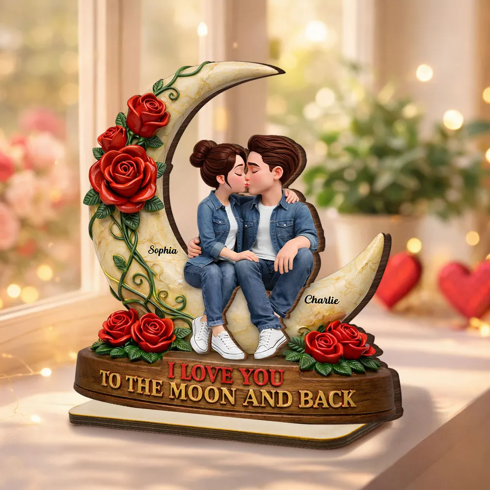 Personalized 2-Layer Wooden Plaque Kissing Couple on Crescent Moon Romantic Unique Gift for Wife or Girlfriend - Image 5