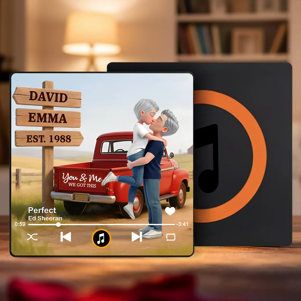 Acrylic Music Magnet Personalized Couple Kissing by Red Pickup Truck Fridge Decor Unique Romantic Gift