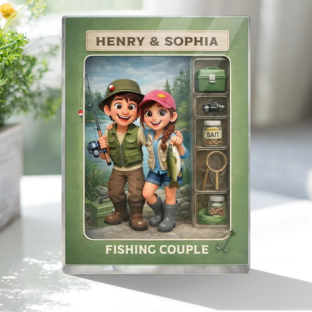 Personalized Rectangle Acrylic Block Plaque Fishing Couple Cartoon Keepsake for Lake-Loving Partners, Unique Creative Gift