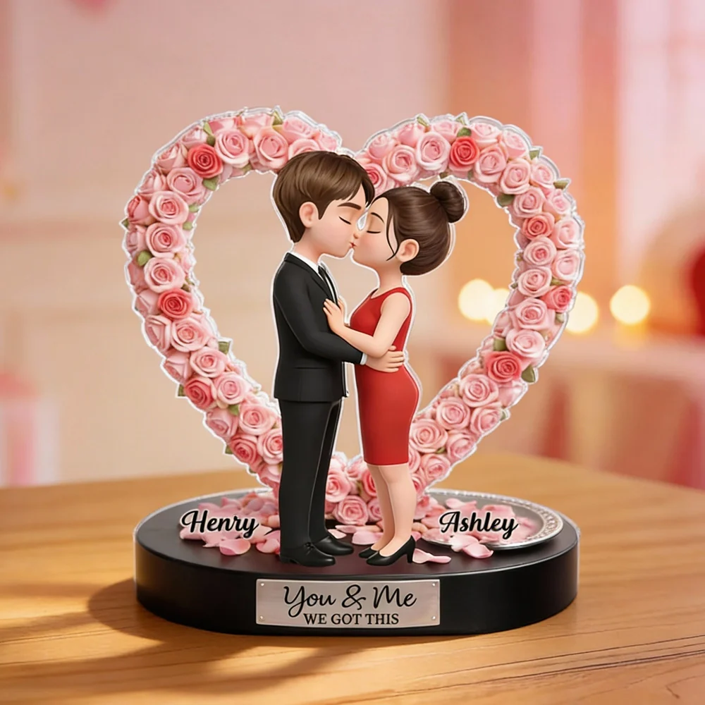 Personalized Shaped Acrylic Block Plaque, Kissing Couple in Rose Heart, Romantic Keepsake Decor, Unique Gift for Wife or Girlfriend