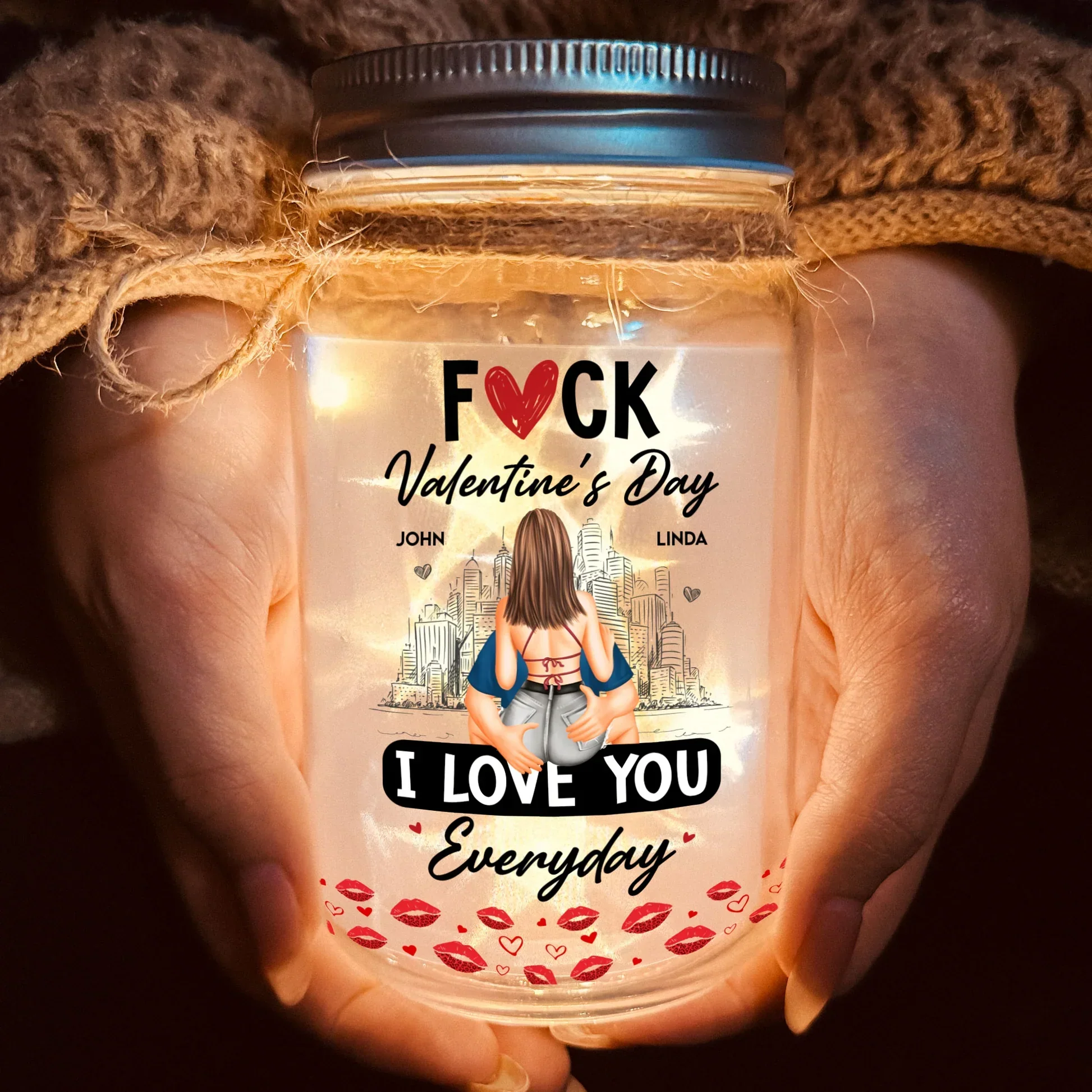 Personalized Glass Mason Jar Light With Cheeky Love Quote, City Skyline Hugging Couple Back View, Unique Gift For Couples - Image 5