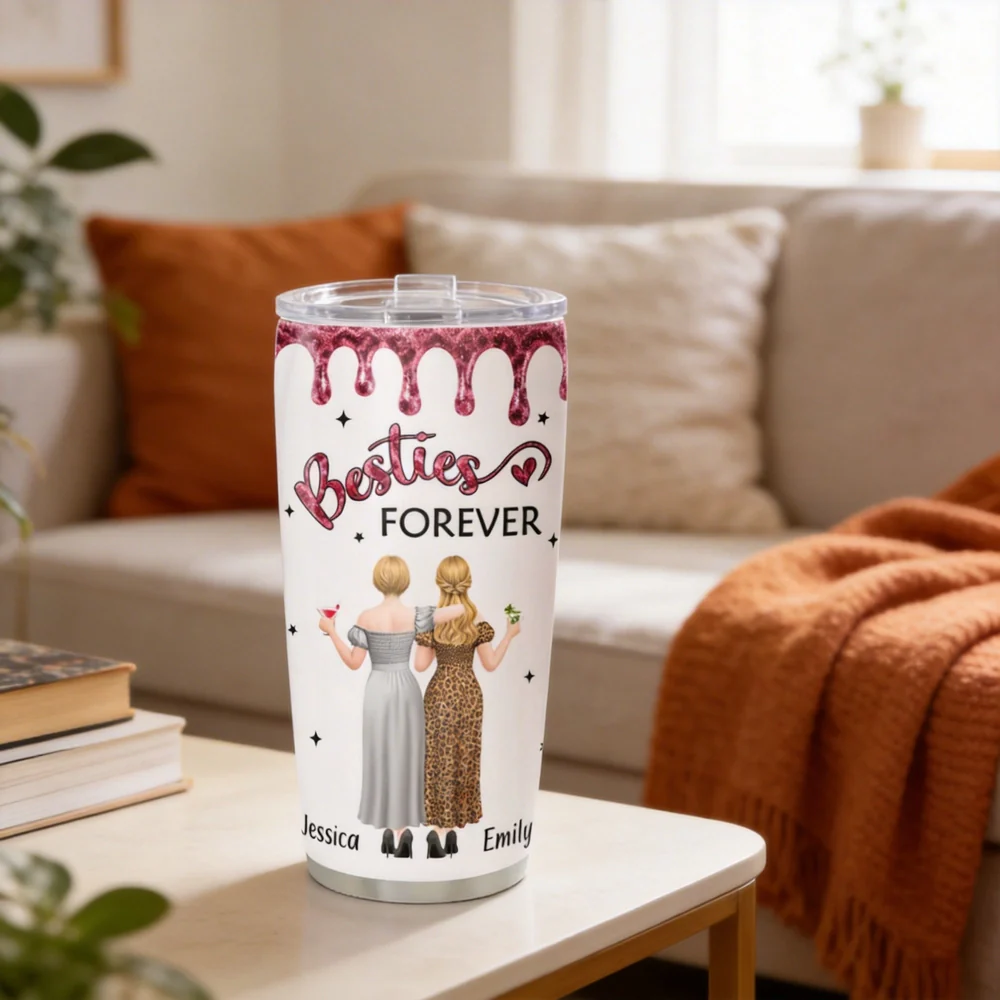 Our Friendship Is Endless Insulated Travel Tumbler, Personalized Best Friend Gift with Pink Sparkle Quote Design for Daily Coffee and Travel