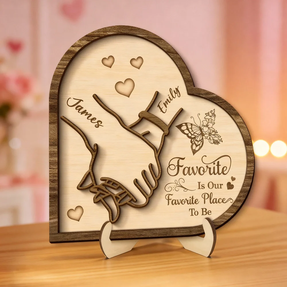 Personalized 2-Layer Wooden Plaque with Holding Hands and Heart Quote for Couples, Unique Romantic Gift for Him or Her