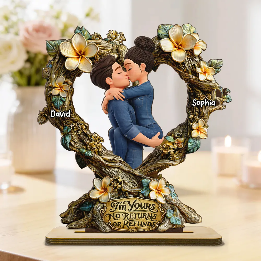 Personalized Kissing Couple Wooden Plaque - Romantic Floral Heart Gift for Anniversary - Image 3