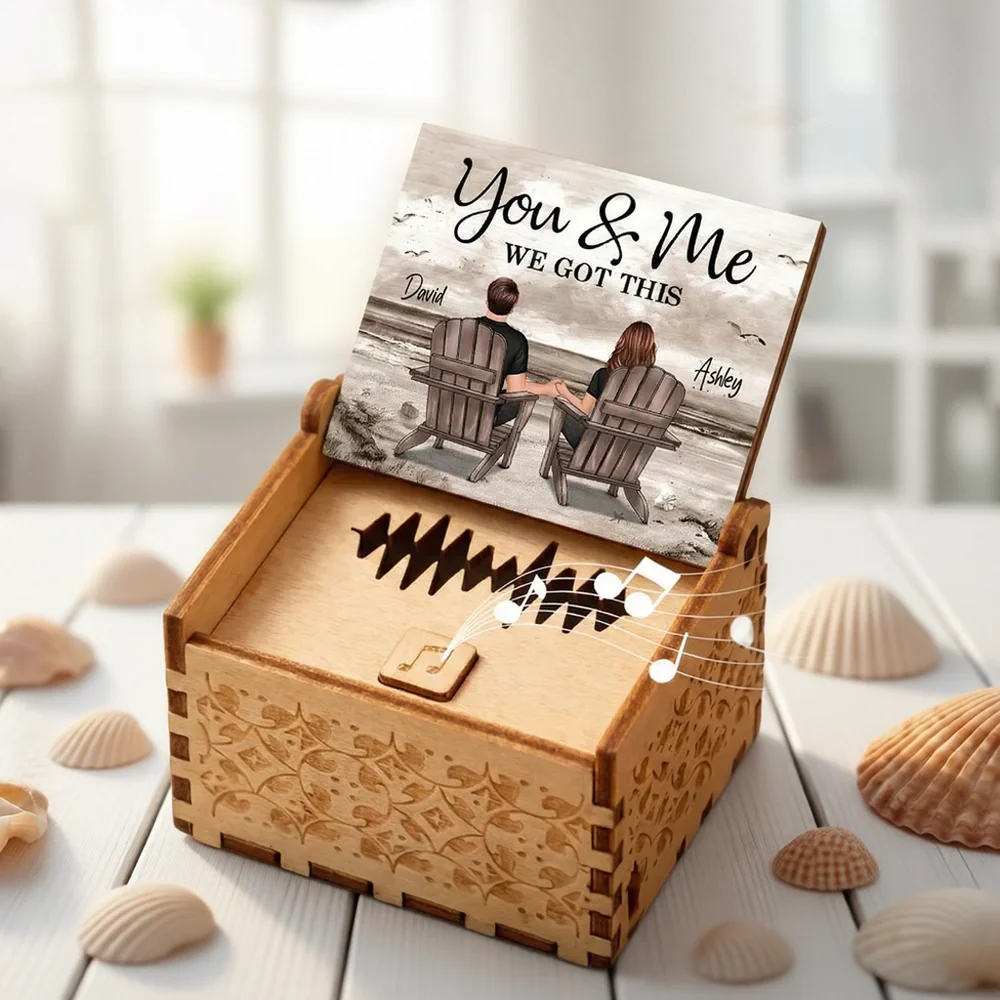 Personalized Wooden Music Box with Beach Couple Sitting in Chairs, You & Me Quote, Unique Romantic Gift for Couple