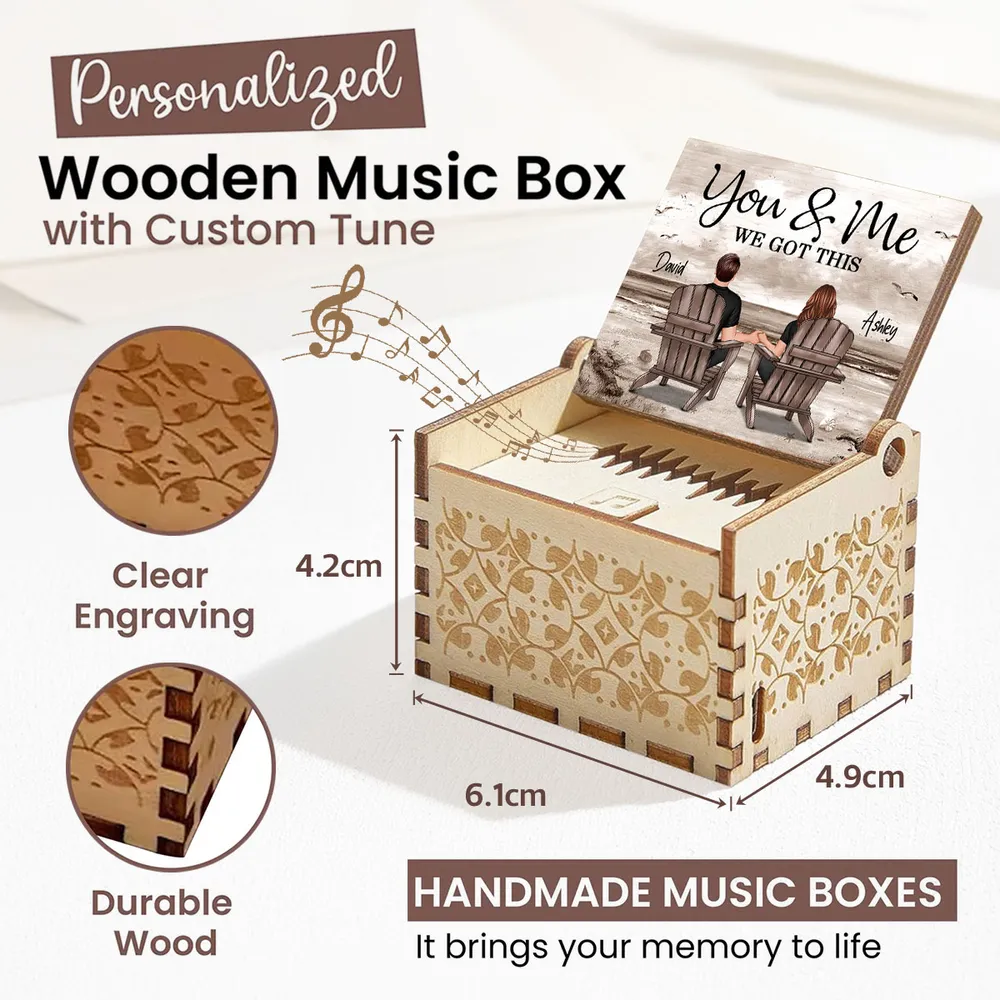 Personalized Wooden Music Box with Beach Couple Sitting in Chairs, You & Me Quote, Unique Romantic Gift for Couple - Image 4