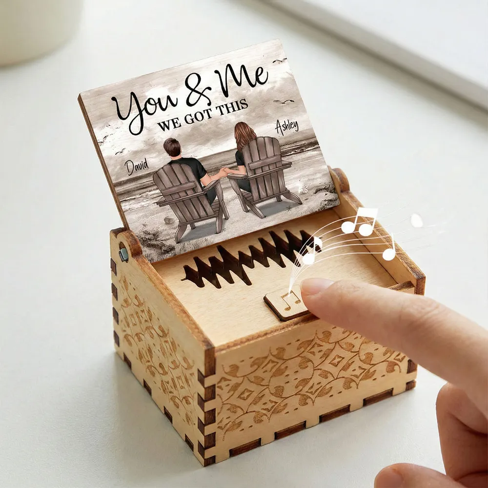 Personalized Wooden Music Box with Beach Couple Sitting in Chairs, You & Me Quote, Unique Romantic Gift for Couple - Image 7