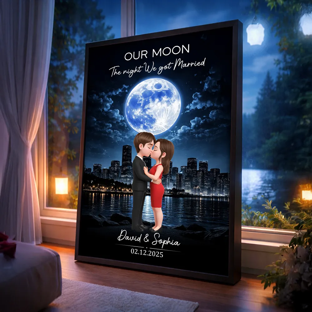 Our Moon Romantic Poster with Kissing Couple by the City Skyline, Personalized Keepsake Wall Art, Unique Wedding Gift - Image 3